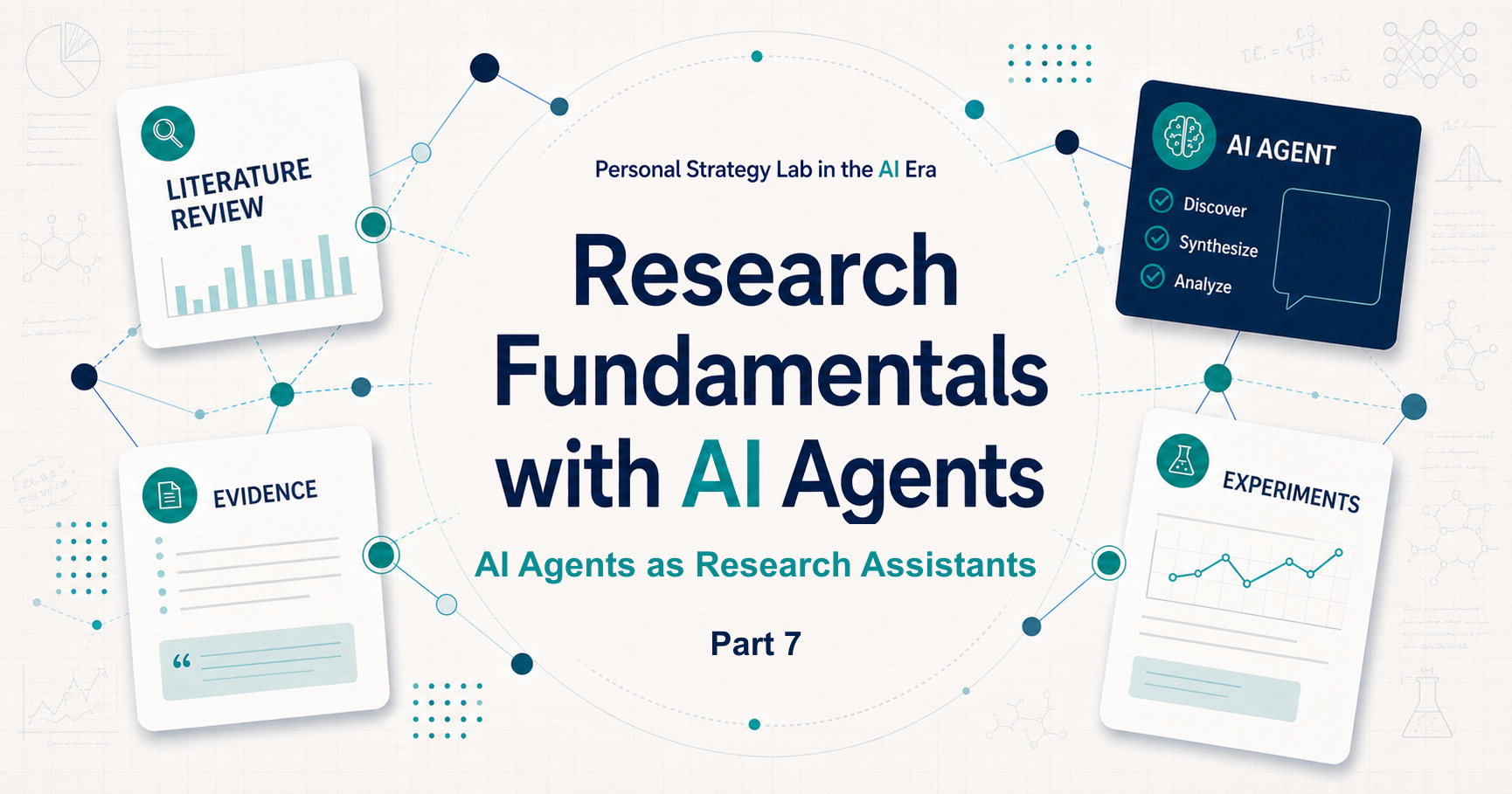Graphic with AI agent and research note cards, labeled Part 7 and AI Agents as Research Assistants.
