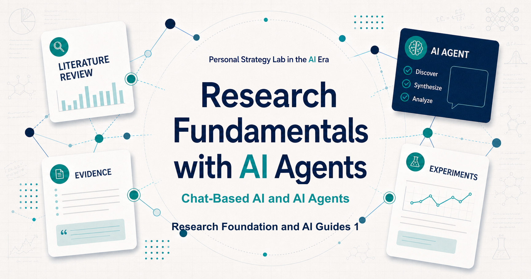 A graph-paper-style background with research and AI cards, network lines, and the text “Chat-Based AI and AI Agents” and “Research Foundation and AI Guides 1”