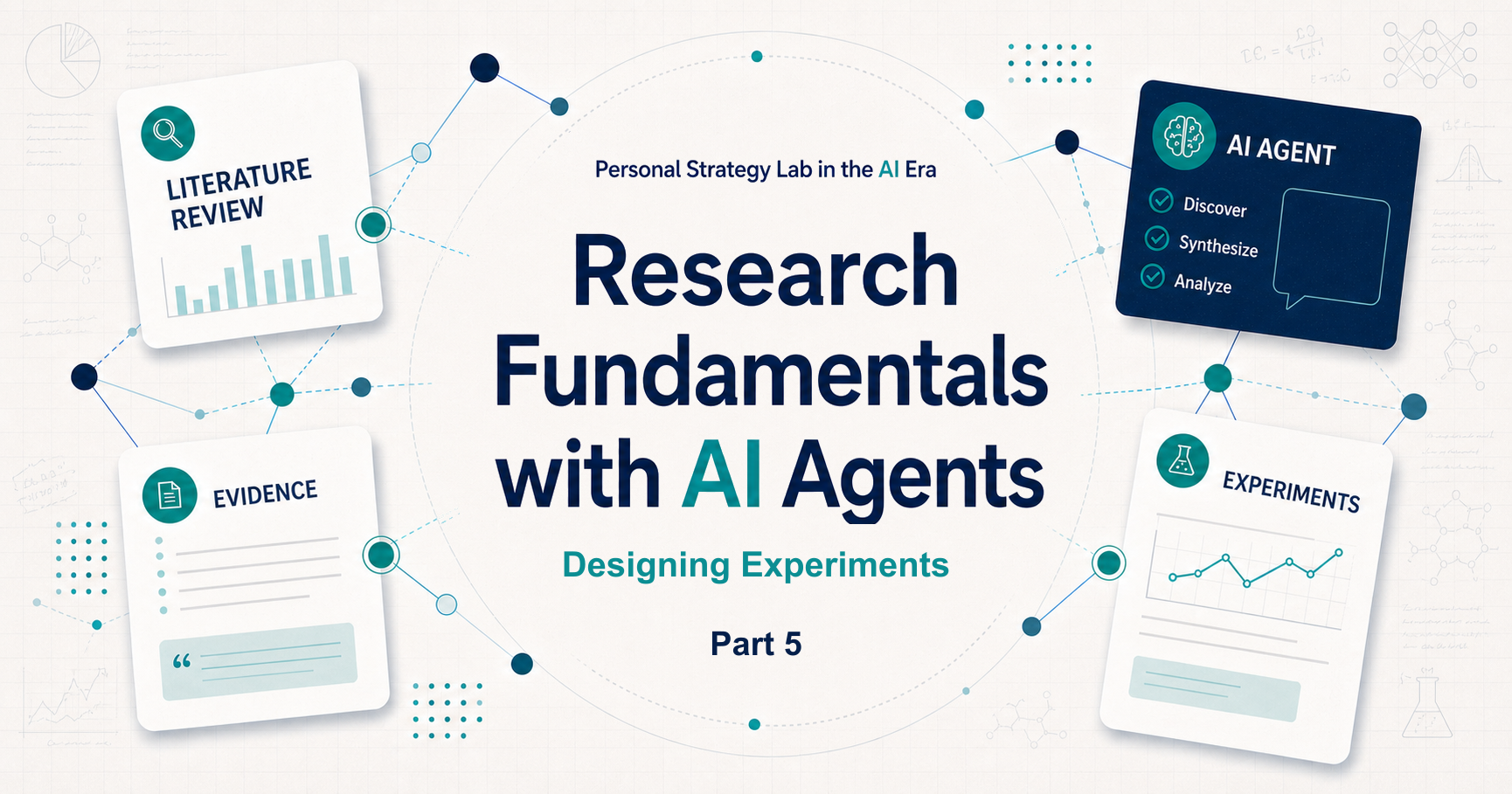 Graphic with AI agent and research note cards, labeled Part 5, Designing Experiments.