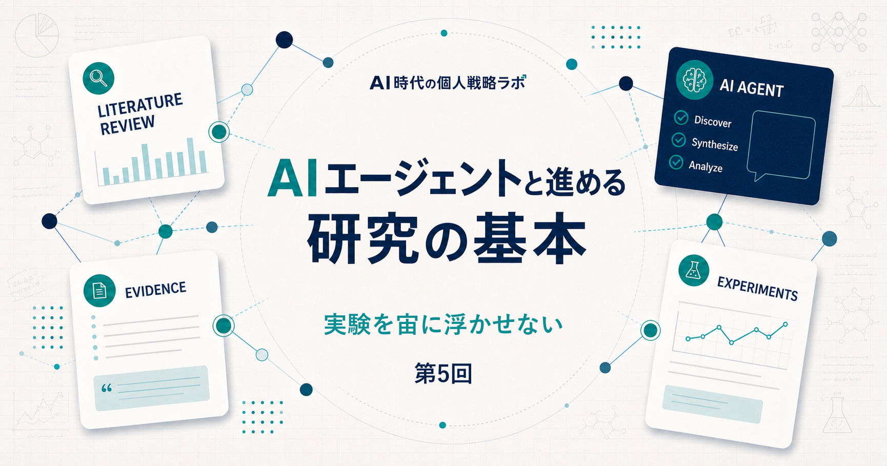 AIエージェントと研究ノートのカードを背景に、第5回「実験を宙に浮かせない」と示す画像