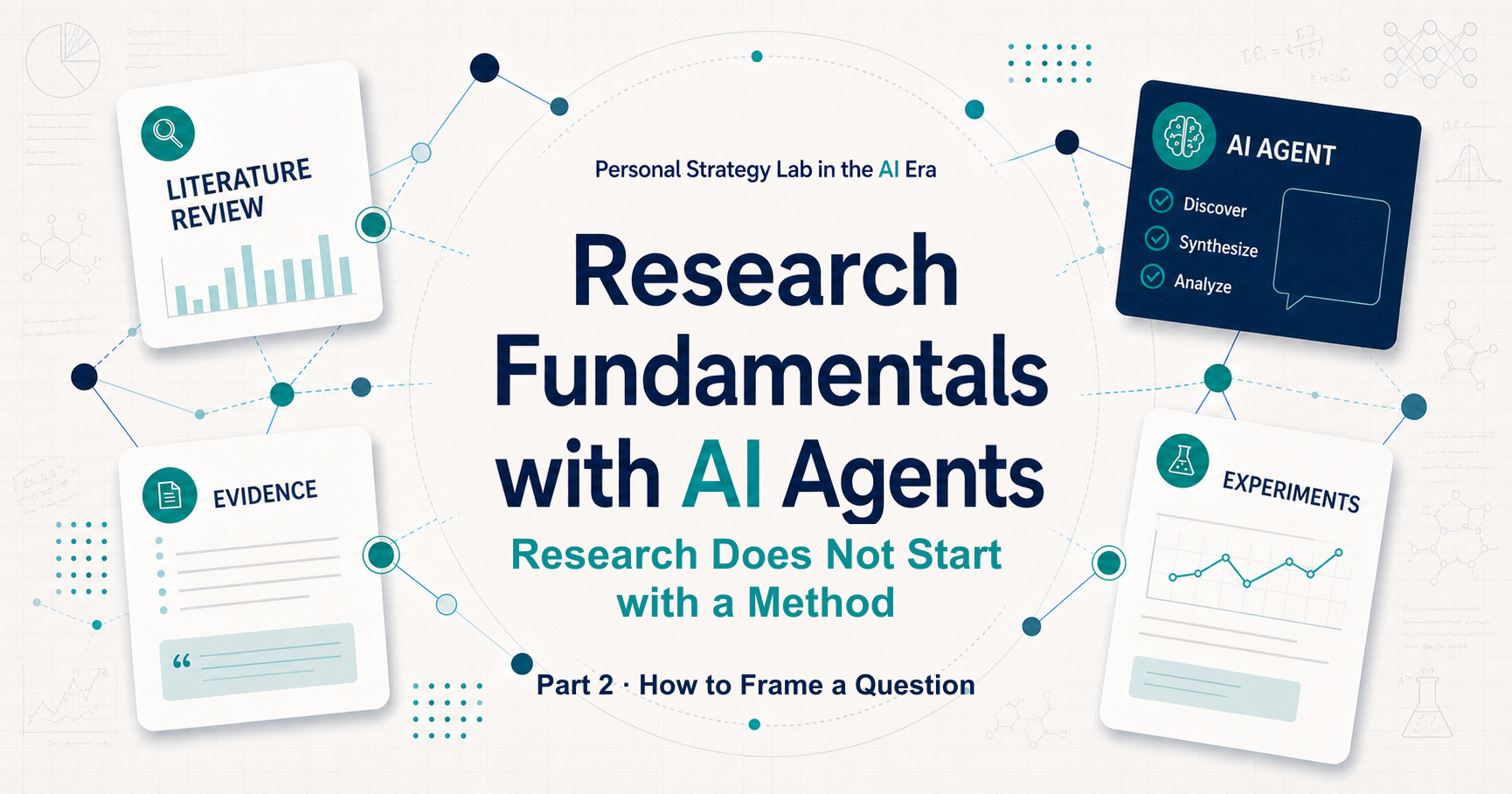 An off-white grid-paper background with cards for literature review, evidence, AI agents, and experiments, labeled for Part 2 of Research Fundamentals with AI Agents.